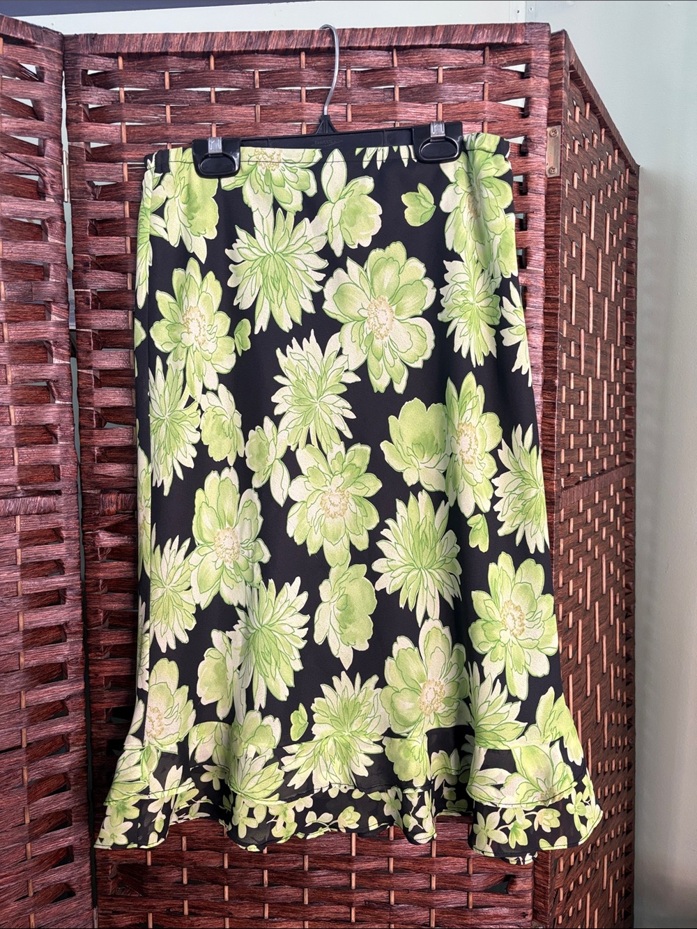 Vintage Y2K Fairy Black Floral A-Line Skirt with Green Print
